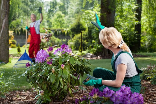 Team of professional gardeners with tools at the start of a garden maintenance job