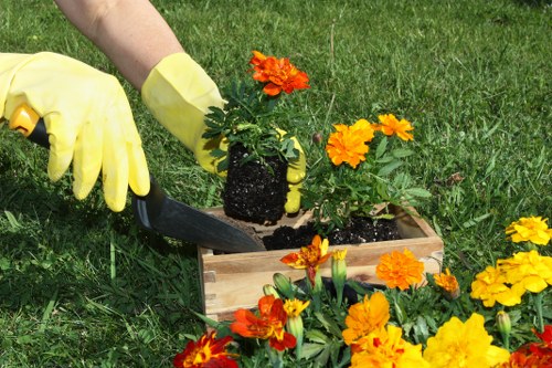 Gardener using adaptive tools reaching into an accessible raised bed