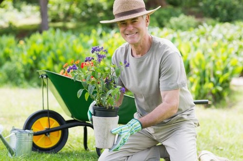 Community garden with multiple gardeners working together